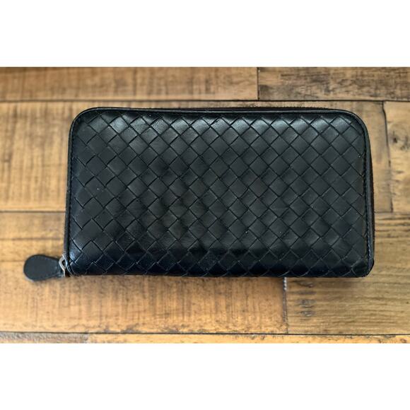 Bottega Veneta Handbags - Bottega Veneta Intrecciato Black Zip Around Wallet